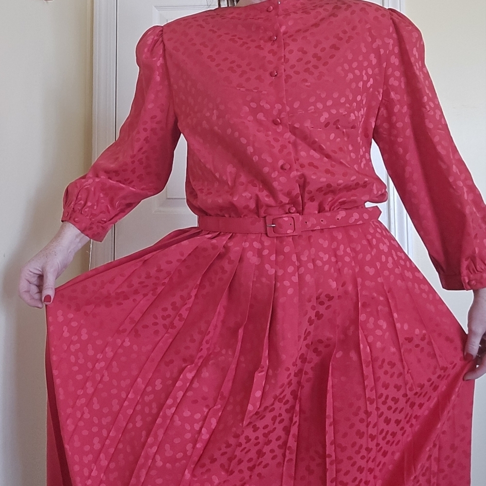 Vintage Red Satin Polka Dot Belted Women's Pleated Dress Large